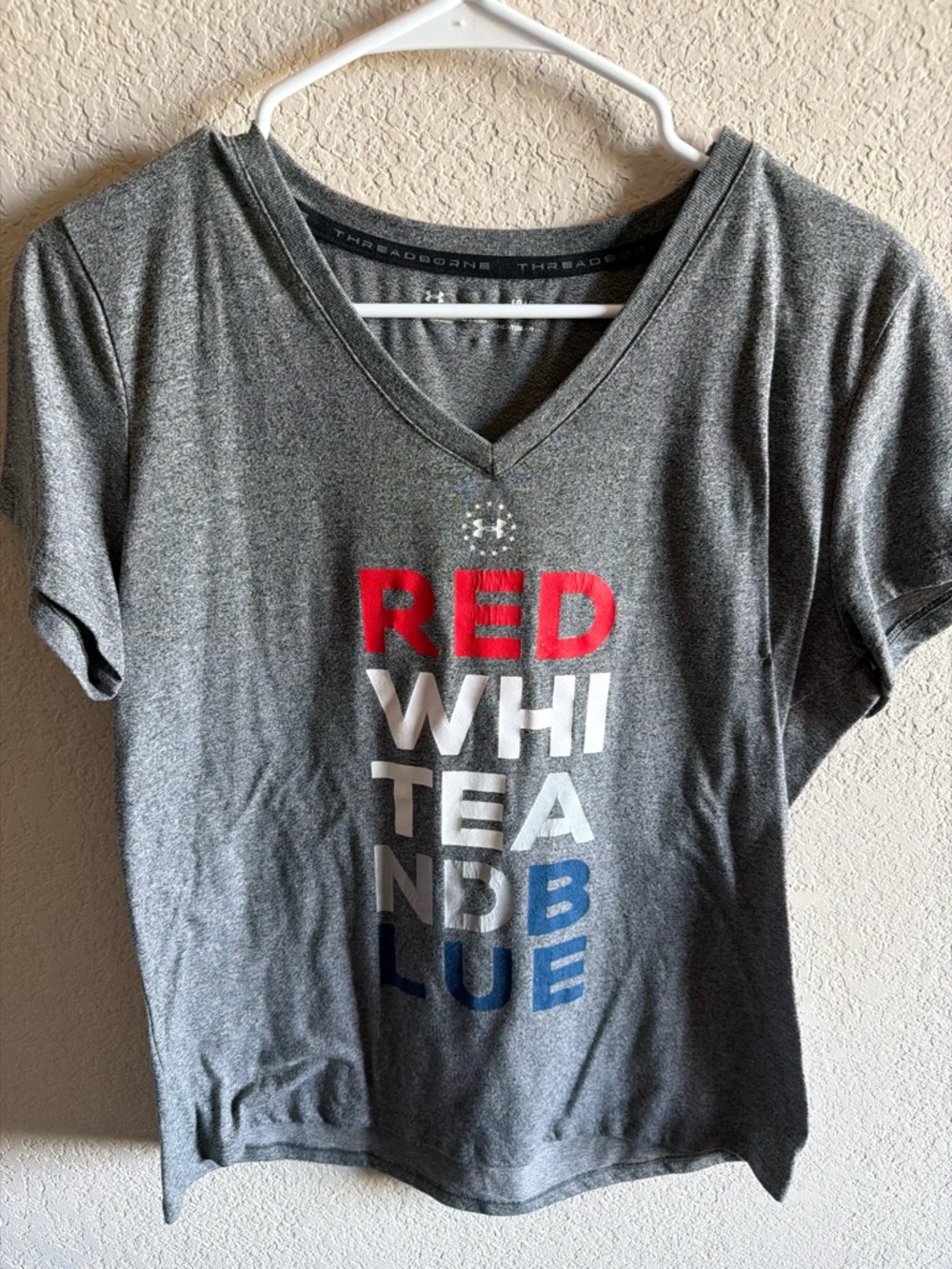 Under Armour Gray V-Neck Tee with Red White and Blue Graphic